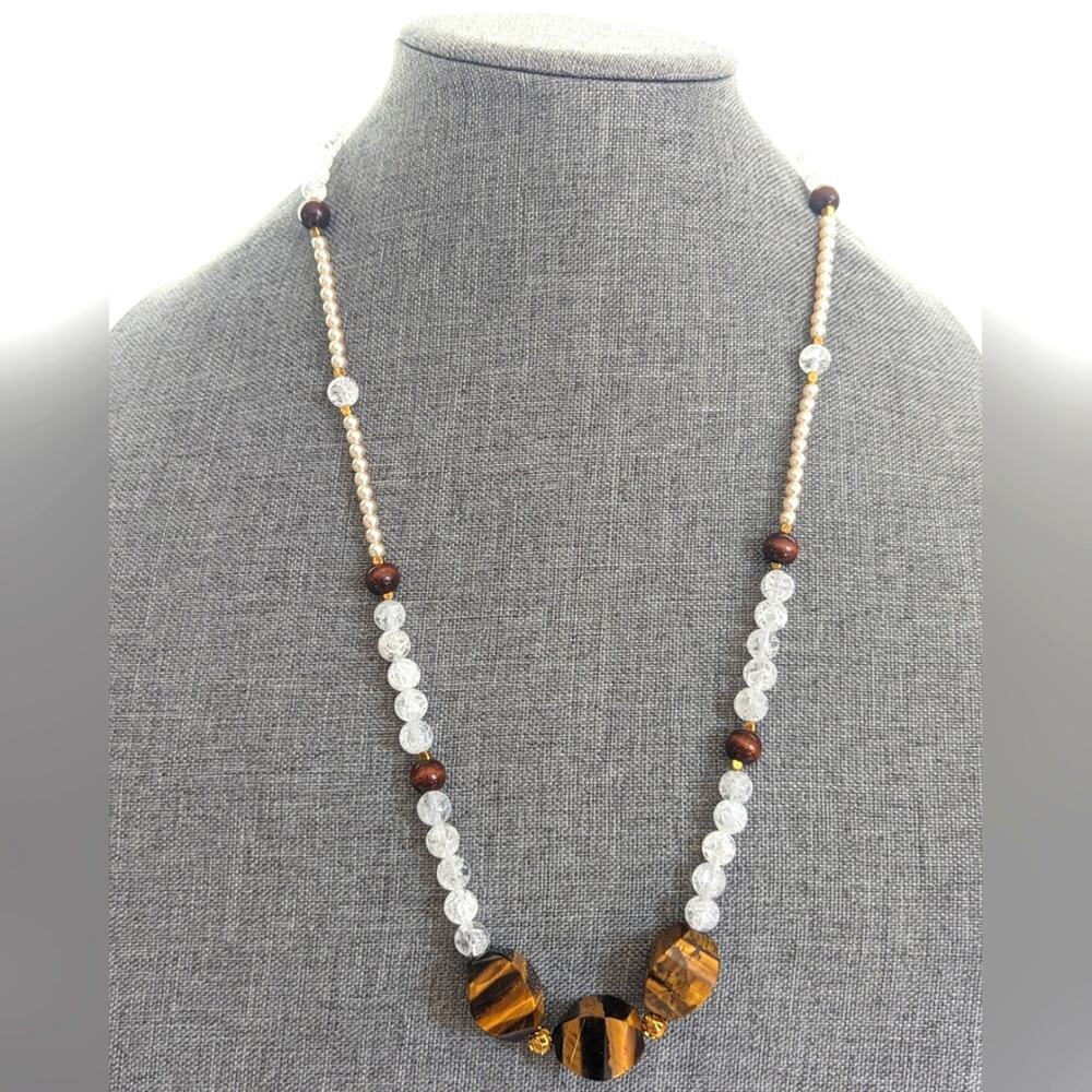 Vintage Artisan Made Glass Beaded Stunning Tigers Eye Quartz Boho Necklace